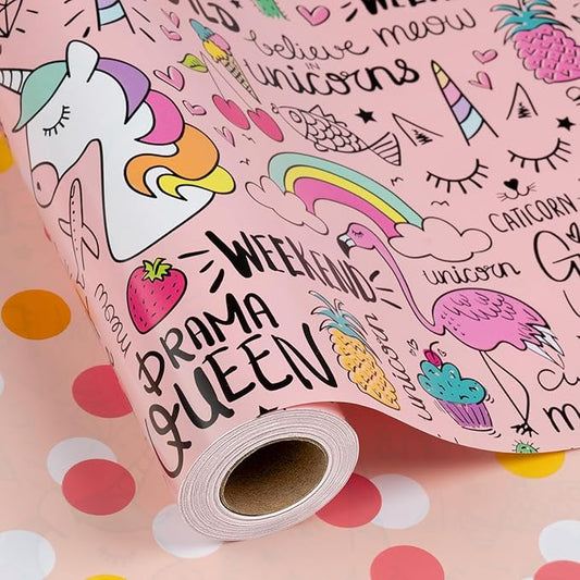 Afucus Reversible Pink Unicorn Wrapping Paper, Flamingo, Rainbow and Polka Dot Themed Gift Wrapping Paper, Cute Mini Rolls for Birthday, Baby Shower, Boys, Girls, Kids, Christmas (17 Inch X 33 Feet)