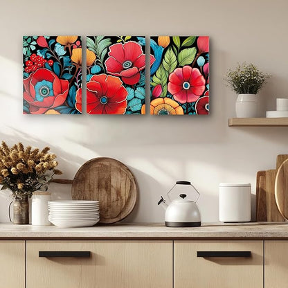 Abstract Colorful Floral Canvas Pictures Boho Wall Art Watercolor Flower Palnt Posters Bathroom Wall Decor Plant Flowers Paintings Framed rtwork for Bedroom Living Room Home Decoration 12x16 3 pcs