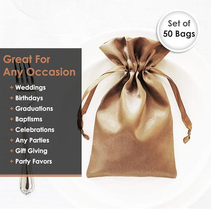 3" x 4" Old Gold Satin Gift Bags, Jewelry Bags, Wedding Favor Drawstring Baby Shower Christmas 50 per Pack