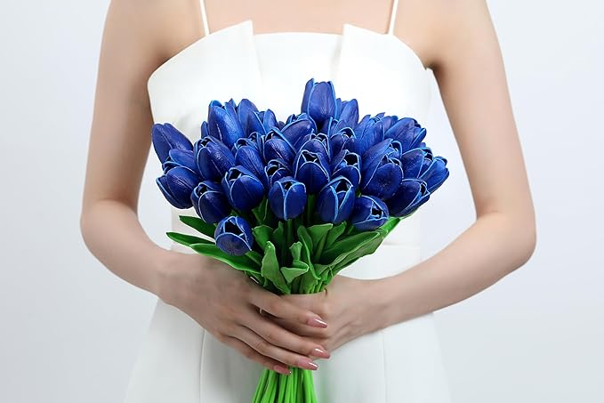 20pcs Blue Tulips Artificial Flowers Fake Silk Tulips Real Touch Flowers for Spring Kitchen Wedding Home Decor Arrangements Easter Decor 14 Inch