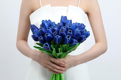 20pcs Blue Tulips Artificial Flowers Fake Silk Tulips Real Touch Flowers for Spring Kitchen Wedding Home Decor Arrangements Easter Decor 14 Inch