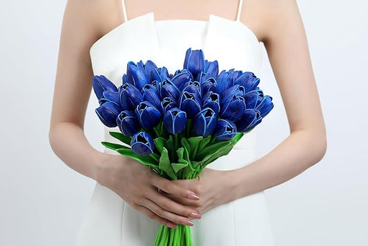 20pcs Blue Tulips Artificial Flowers Fake Silk Tulips Real Touch Flowers for Spring Kitchen Wedding Home Decor Arrangements Easter Decor 14 Inch