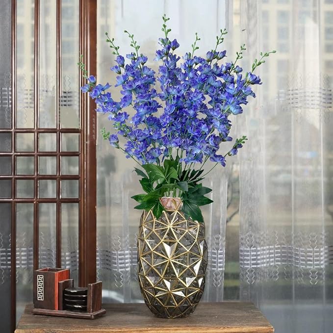 8 pcs Blue-Purple Delphinium Artificial Flowers, 34.25''Artificial Snapdragon Flowers Tall Fake Flowers Silk Flowers Faux Delphinium Bulk for Tall Vase Home Wedding Garden Table Decor (Blue-purple)