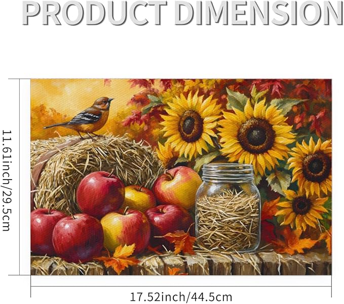 Autumn Apple Flower Sunflower Placemats Set of 1 PVC Vinyl Non Slip Table Mats Heat Resistant Place Mats Washable Wipeable Dining Table Mat for Kitchen Decor Party Indoor Outdoor Decorative Gift