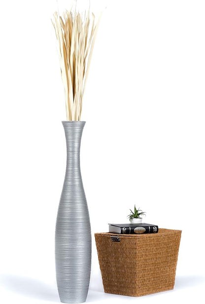 Leewadee Large Silver Home Decor Floor Vase - Wooden 41 inch Tall Farmhouse Decor Flower Holder for Fake Plant and Pampas Grass