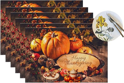 PVC Placemats Set of 6 Wipeable Table Mats Washable Heat Resistant Non Slip Vinyl Dining Table Mat for Kitchen Indoor Outdoor Patio Farmhouse Place Mats Thanksgiving Pumpkin Decorate Decorative