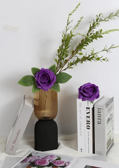 20pcs Purple Roses Artificial Flowers Fake Roses Real Looking Silk Flowers Bulk Big Faux Roses with Stems for Wedding Centerpieces Table Home Party Decor Bridal Floral Arrangements (Purple)