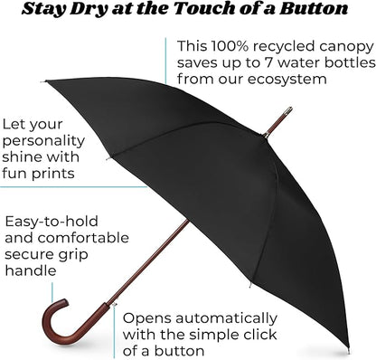 Totes Eco Auto Open Umbrella Classic Wooden J Stick Handle with Easy Grip - Windproof, Rainproof and Durable Canopy Design – Versatile Travel, Perfect for Rainy Days