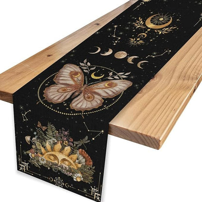 Gothic Moth Table Runner, Boho Gothic Sun Moon Phase Wildflower Mystical Witchy Farmhouse Coffee Table Center Decor for Home Kitchen Dining Patio Holiday Party Table Decorations 13x90 inches