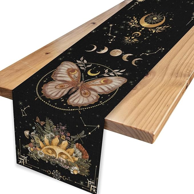 Gothic Moth Table Runner, Boho Gothic Sun Moon Phase Wildflower Mystical Witchy Farmhouse Coffee Table Center Decor for Home Kitchen Dining Patio Holiday Party Table Decorations 13x36 inches