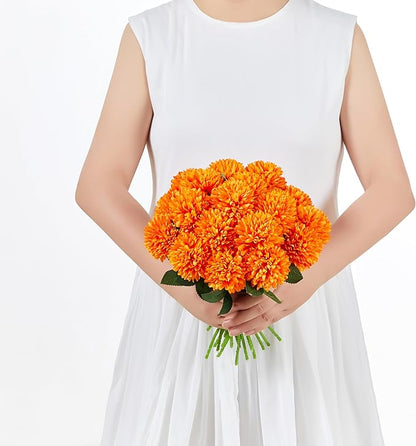 SITUMEIZI 12 Pcs Orange Artificial Chrysanthemums Flowers Ball Flower Fake Mums Silk for Fall Decor Halloween Thanksgiving Day Wedding Home Kitchen Decoration Floral Arrangement