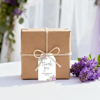 G2PLUS 50PCS Thank You Gift Tags with Twine, 3.3X2.2In Purple Floral Paper Tags for Wedding Favors, Baby Shower, Bridal Shower, Party Decorations