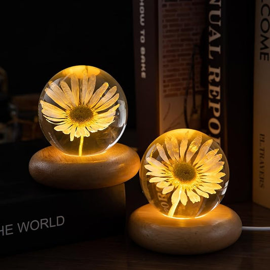 Flower Crystal Ball Night Light,2.75 inch Glass Ball Night Lamp with Woodern Base (Leucanthemum)