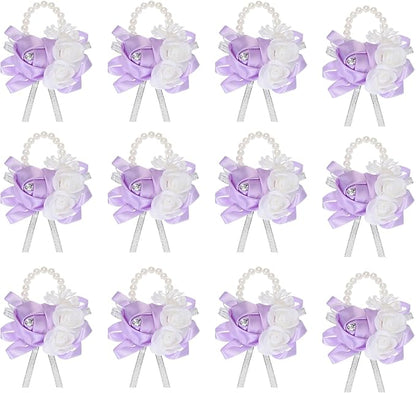 MECCANIXITY 12Pcs Wrist Corsage Artificial Flower Bracelets Rose Wrist Bride Groom Decorative for Wedding Ceremony Prom Party Anniversary Light Purple