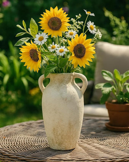 Ceramic Flower Vase Home Decor – 9.8 Inch Pottery Rustic Farmhouse Decorative Vase with Handles for Table Centerpiece, Shelf & Mantel, Beige