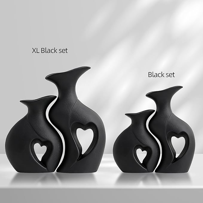 XL Black Snuggle Hollow Ceramic Vase Set of 2,Minimalist Decorative Modern Vases,Heart Shaped Flower Vase for Home Decor (XL Black W 9.7" X H 10.1")