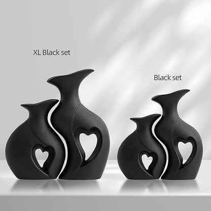 XL Black Snuggle Hollow Ceramic Vase Set of 2,Minimalist Decorative Modern Vases,Heart Shaped Flower Vase for Home Decor (XL Black W 9.7" X H 10.1")