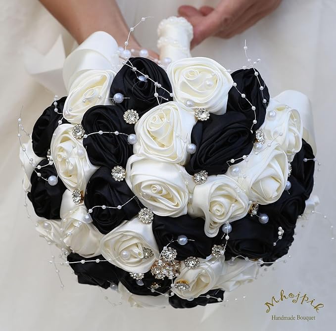 Bridal Wedding Bouquet Round Bling Brooch Bouquet Throw Toss Artificial Rose Flower Bunch for Bride Bridesmaid Wedding Quinceanera(Black & Ivory, 7.5")