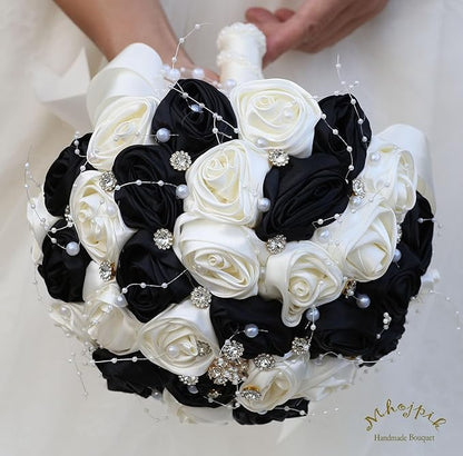 Bridal Wedding Bouquet Round Bling Brooch Bouquet Throw Toss Artificial Rose Flower Bunch for Bride Bridesmaid Wedding Quinceanera(Black & Ivory, 7.5")