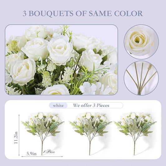 Artificial Flowers Bouquet 3 Pack Fake Rose Bouquet Faux Artificial Flower Arrangements Decoration Table Wedding Flower Centerpieces（White）