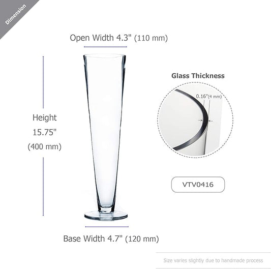 WGV Trumpet Glass Vase, Open 4", Height 16", (Multiple Sizes Choices) Clear Tall Pilsner Floral Planter Container Centerpiece, Wedding Event Home Decor, 1 Piece (VTV0416)