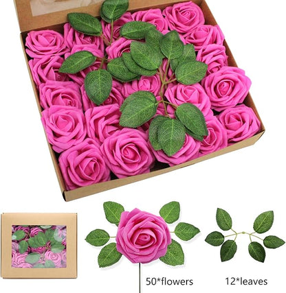 Artificial Roses Flowers 50pcs Real Looking Foam Fake Roses with Stems for DIY Wedding Bouquets Bridal Shower Centerpieces Party Decorations (50, Rose Red)