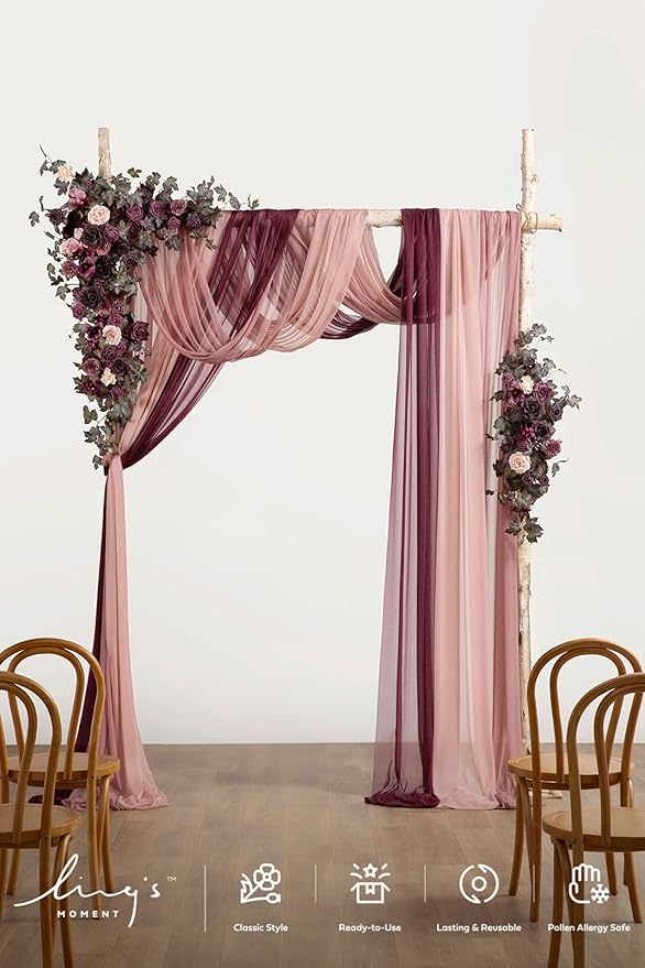 Ling's moment Wedding Arch Flowers with Sheer Drapes Kit - Artificial Deep Plum Floral Arrangements for Ceremony Backdrop, Arbor Decor, 5-Piece Set (2 Flower Stems + 3 Hanging Drapes)