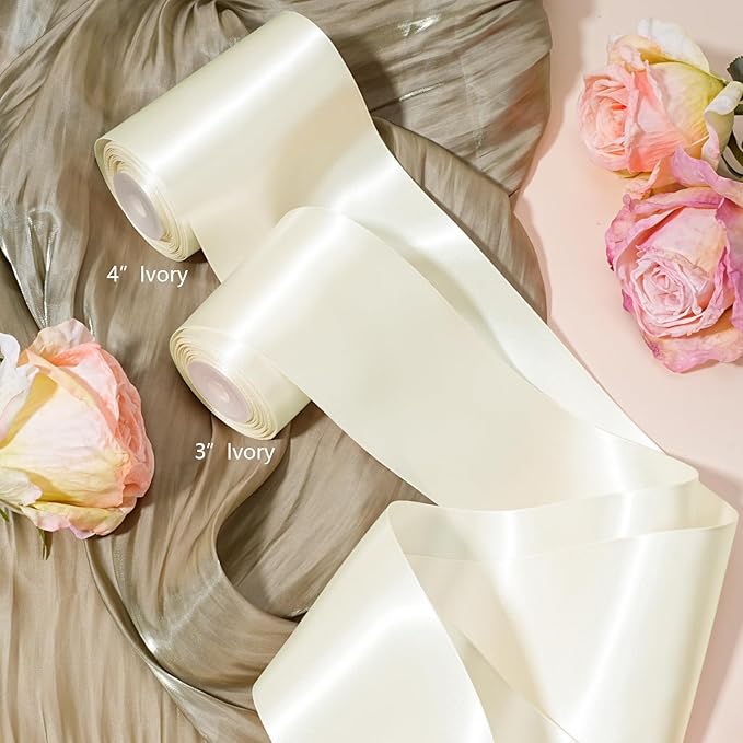 LaRibbons Ivory Satin Ribbon 4 Inch x 10 Yards Double Faced Luxury Silk Ribbon for Christmas Gift Wrapping, Holiday Bows, Christmas Wreath Sash Wedding Decorations and Party Crafts