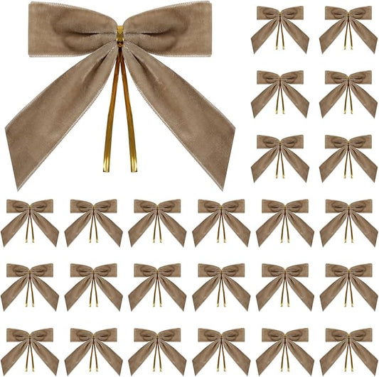 24 Pcs Light brown Small Velvet Christmas Bows for Christmas Tree, Wreath, Gift Wrapping, Crafts, Wedding, Party, Twist Tie Bows for Treat Bag Bakery Candy Bags, Home Decor 1"W,3.5 x 3.5 inch
