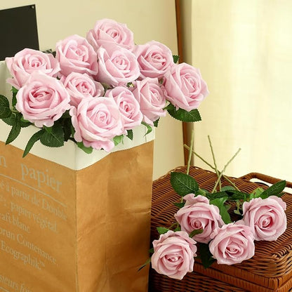 15Pcs Pearl Pink Roses Artificial Flowers Fake Roses Long Stem Velet Rose Silk Flowers for Home Wedding Decoration (Pearl Roses,Pink)