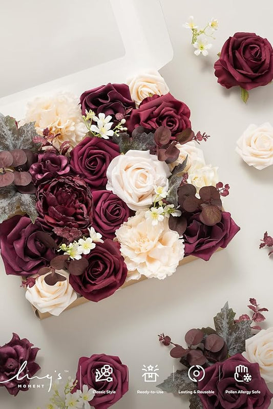 Ling's moment Burgundy Artificial Flowers and Greenery Combo Box Set, Marsala & Cream Fake Flower for DIY Wedding Bridal Bouquet, Centerpieces Decor, Floral Arrangement Decor, etc.