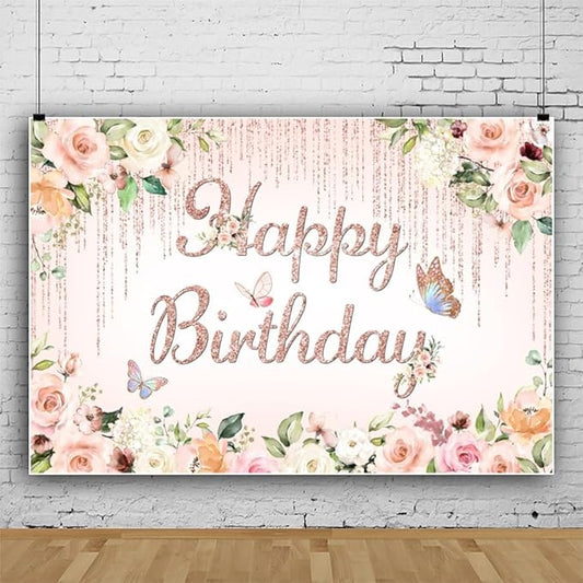 ChloropLastid 5x3ft Pink Floral Birthday Backdrop Rose Gold Glitter Flower Blossom Butterflies Happy Birthday Photography Background for Girls Princess Bday Party Decorations Banner Photo Props