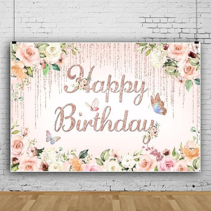 ChloropLastid 10x6.5ft Pink Floral Birthday Backdrop Rose Gold Glitter Flower Blossom Butterflies Happy Birthday Photography Background for Girls Princess Bday Party Decorations Banner Photo Props