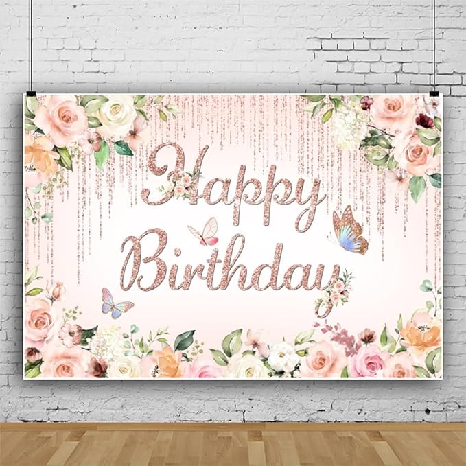 ChloropLastid 15x10ft Pink Floral Birthday Backdrop Rose Gold Glitter Flower Blossom Butterflies Happy Birthday Photography Background for Girls Princess Bday Party Decorations Banner Photo Props
