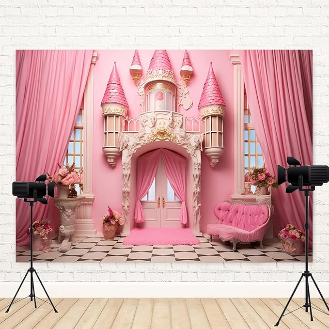 5x4ft Pink Castle Backdrop Room Door Curtain Photography Background Flowers Vases Sofa Princess Girl Birthday Banner Decorations Newborn Baby Shower Wedding Party Portrait Photo Booth Prop