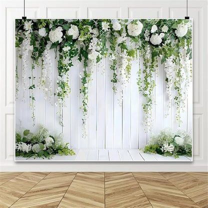 Flower Wall Backdrop 10x8ft Wedding Backdrop White Flower Backdrop Bridal Shower Backdrop Green Leaves Decoration Wood Wall Background Birthday Party Decorations Photo Studio Props