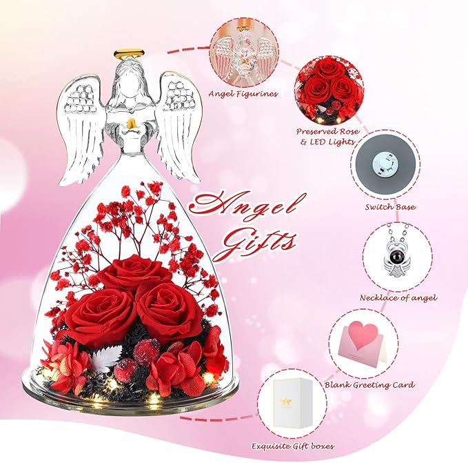 ANWEAO Gifts for Women Birthday Christmas Preserved Rose Forever Flower in Glass Angel Figurines Fresh Flowers for Delivery for Mom Real Colorful Roses for Grandma Wife Her from Daughter
