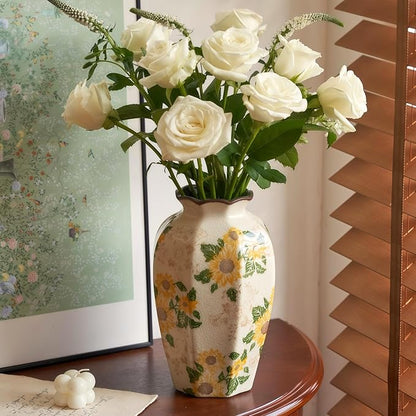 Levvohd Vintage Pastoral Octagonal Vase, 9.3 Inch Ceramic Sunflower Flower Vases, Rustic Farmhouse Antique Chinoiserie Floral Vase for Wall Art Bedroom and Shelf Home Decor (Octagonal)