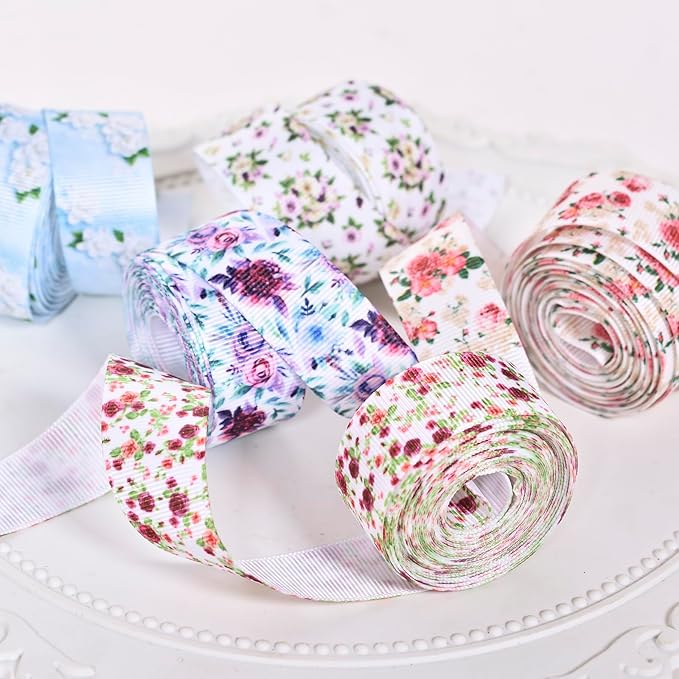 Floral Grosgrain Ribbon, 5 Rolls Flower Pattern Ribbon Spring Summer Fabric Decorative Craft Ribbon Roll for Gift Wrapping Decor Hair Bow Sewing Wreath Crafts (Mixed Color, 7/8Inch X 20Yards)