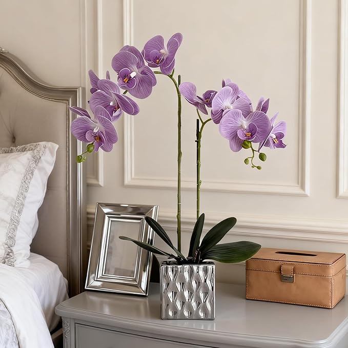 LISU Artificial Orchids, Silver Vases, Home Decoration Flower Arrangements,Purple Orchids Fake Flowers in Vases.