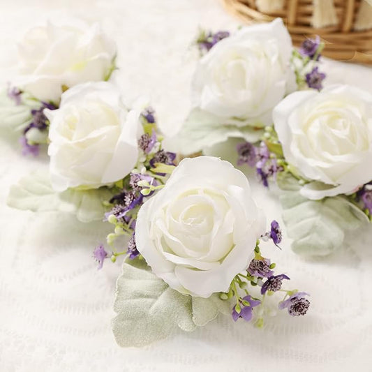 White Rose Boutonnieres for Men Wedding Baby's Breath Boutonniere for Best Men Groom Groomsmen Wedding Prom Set of 6 (6pcs White+Purple Boutonnieres)