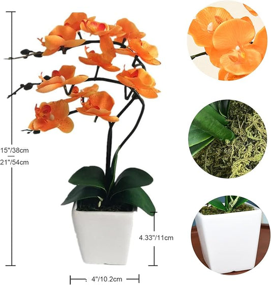 15" Tall Artificial Silk Phalaenopsis Orchid Flower Plant Pot Arrangements (Orange)