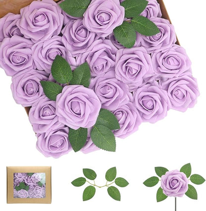 100PCS Light Purple Artificial Flowers Roses Real Looking Foam Fake Roses with Leaves for DIY Wedding Bouquets Bridal Shower Party Decorations (Lilac, 100)