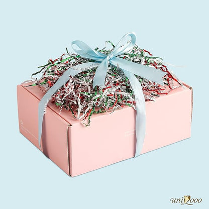 UNIQOOO 1/2 LB Metallic Red Green White Crinkle Cut Paper Shredded Filler, Christmas Peppermint Candy Cane Raffia Tissue Zig, Strands Shred Craft Bedding Cushion,Wedding Birthday Gift Boxes Bag Retail