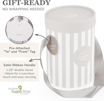 Striped Flower Hat Box 4 Pack | Round Flower Boxes for Arrangements | Satin Ribbon Handle & Waterproof Liner | Gift Box for Flowers with Lids