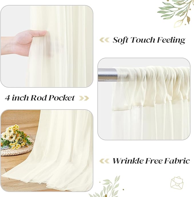 10ft x 8ft Ivory Backdrop Curtain with Lights String for Parties, Sheer Tulle Wedding Photo Backdrops Drapes for Baby Shower Birthday Party Decorations Background for Photography