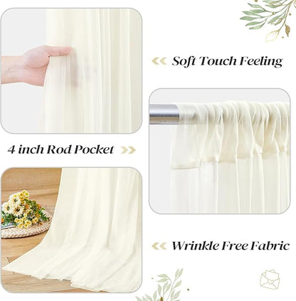 10ft x 8ft Ivory Backdrop Curtain with Lights String for Parties, Sheer Tulle Wedding Photo Backdrops Drapes for Baby Shower Birthday Party Decorations Background for Photography