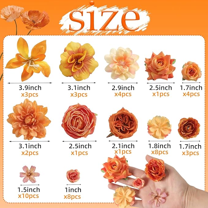 Fake Flower Heads for Crafts - Orange Silk Artificial Roses, Peonies, Daisies & Mini Floral Heads Bulk (48-Pack) for Wedding Decor, Graduation Cap, Cake Topper, Baby Shower, Home Decoration
