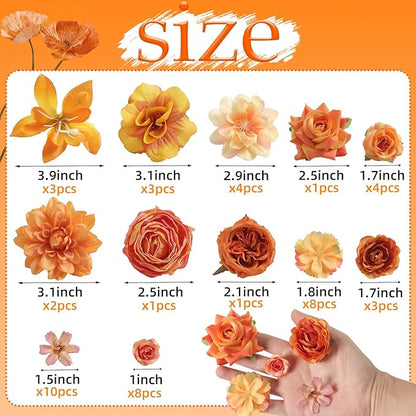 Fake Flower Heads for Crafts - Orange Silk Artificial Roses, Peonies, Daisies & Mini Floral Heads Bulk (48-Pack) for Wedding Decor, Graduation Cap, Cake Topper, Baby Shower, Home Decoration