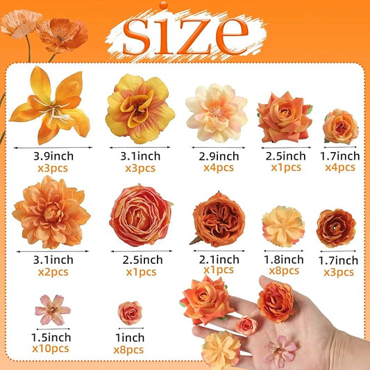 Fake Flower Heads for Crafts - Orange Silk Artificial Roses, Peonies, Daisies & Mini Floral Heads Bulk (48-Pack) for Wedding Decor, Graduation Cap, Cake Topper, Baby Shower, Home Decoration